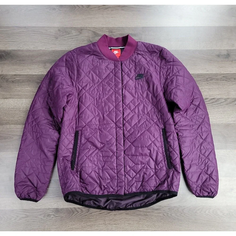 Nike Quilted Jacket Small Purple Primaloft Insulated Snap Button Coat Womens